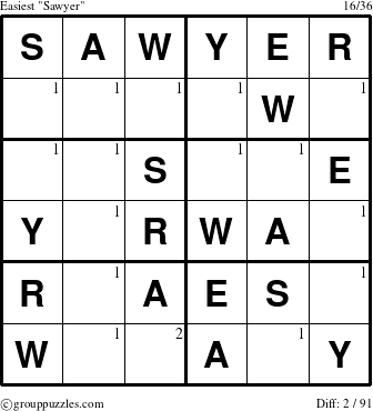 The grouppuzzles.com Easiest Sawyer puzzle for  with the first 2 steps marked