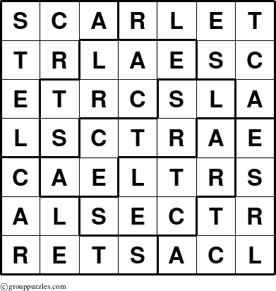 The grouppuzzles.com Answer grid for the Scarlet puzzle for 