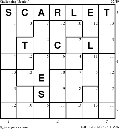 The grouppuzzles.com Challenging Scarlet puzzle for  with all 13 steps marked