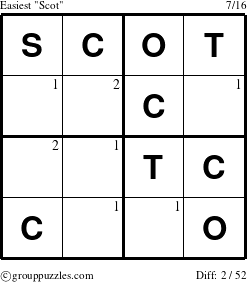 The grouppuzzles.com Easiest Scot puzzle for  with the first 2 steps marked
