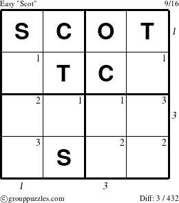 The grouppuzzles.com Easy Scot puzzle for  with all 3 steps marked