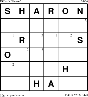 The grouppuzzles.com Difficult Sharon puzzle for  with the first 3 steps marked