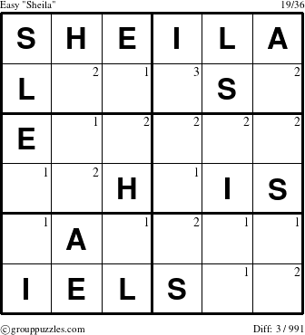 The grouppuzzles.com Easy Sheila puzzle for  with the first 3 steps marked