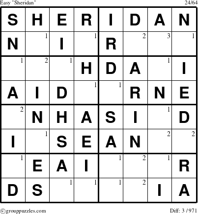 The grouppuzzles.com Easy Sheridan puzzle for  with the first 3 steps marked