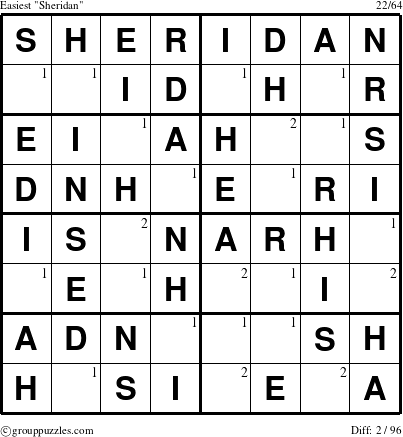 The grouppuzzles.com Easiest Sheridan puzzle for  with the first 2 steps marked