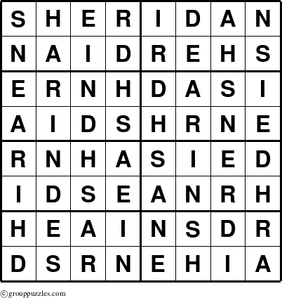 The grouppuzzles.com Answer grid for the Sheridan puzzle for 