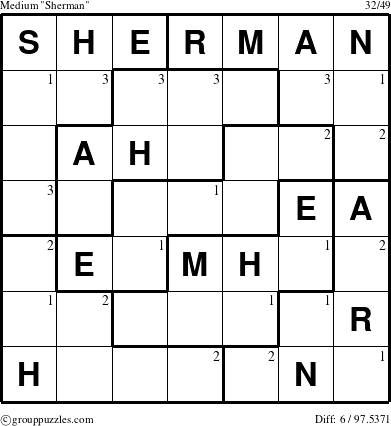 The grouppuzzles.com Medium Sherman puzzle for  with the first 3 steps marked