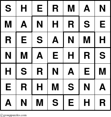 The grouppuzzles.com Answer grid for the Sherman puzzle for 