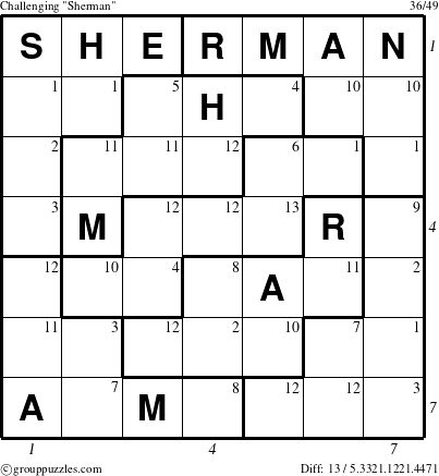 The grouppuzzles.com Challenging Sherman puzzle for  with all 13 steps marked