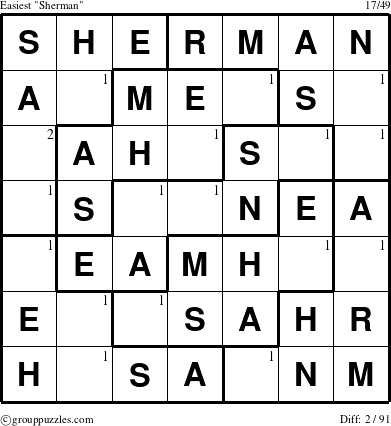 The grouppuzzles.com Easiest Sherman puzzle for  with the first 2 steps marked