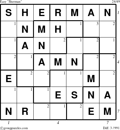 The grouppuzzles.com Easy Sherman puzzle for  with all 3 steps marked
