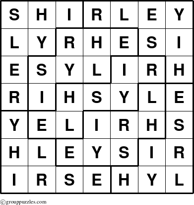 The grouppuzzles.com Answer grid for the Shirley puzzle for 