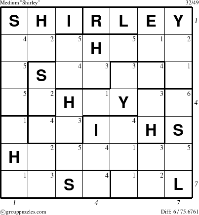 The grouppuzzles.com Medium Shirley puzzle for  with all 6 steps marked