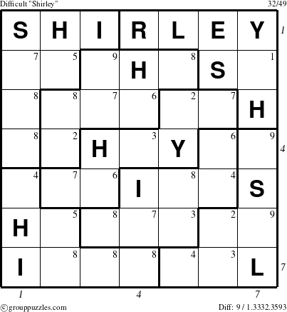 The grouppuzzles.com Difficult Shirley puzzle for  with all 9 steps marked