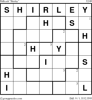 The grouppuzzles.com Difficult Shirley puzzle for  with the first 3 steps marked