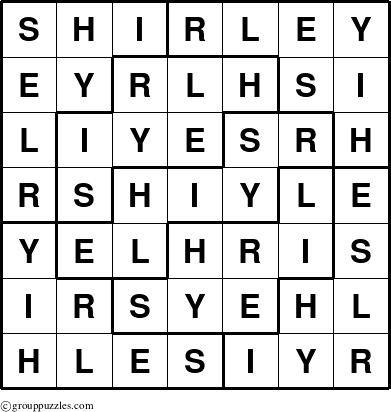 The grouppuzzles.com Answer grid for the Shirley puzzle for 