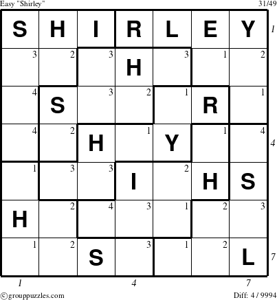 The grouppuzzles.com Easy Shirley puzzle for  with all 4 steps marked