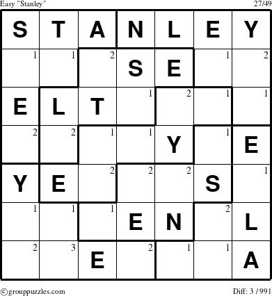 The grouppuzzles.com Easy Stanley puzzle for  with the first 3 steps marked