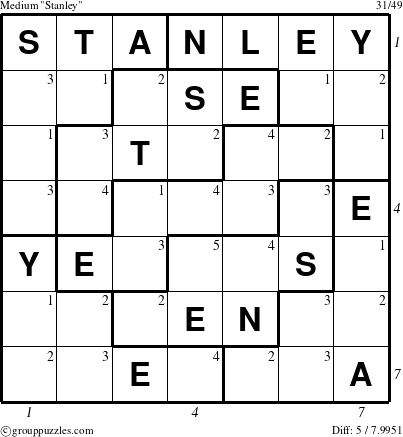The grouppuzzles.com Medium Stanley puzzle for  with all 5 steps marked