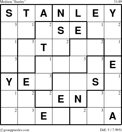 The grouppuzzles.com Medium Stanley puzzle for  with the first 3 steps marked