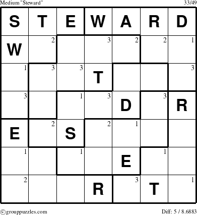 The grouppuzzles.com Medium Steward puzzle for  with the first 3 steps marked
