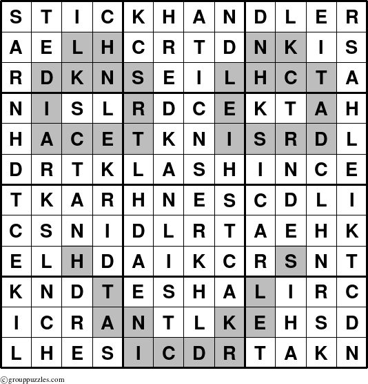 The grouppuzzles.com Answer grid for the Stickhandler puzzle for 