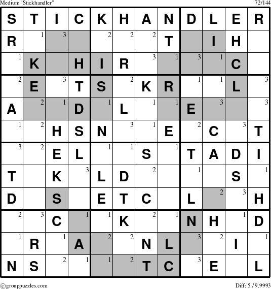 The grouppuzzles.com Medium Stickhandler puzzle for  with the first 3 steps marked