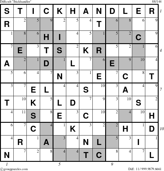 The grouppuzzles.com Difficult Stickhandler puzzle for  with all 11 steps marked