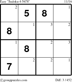 The grouppuzzles.com Easy Sudoku-4-5678 puzzle for  with the first 3 steps marked