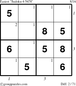 The grouppuzzles.com Easiest Sudoku-4-5678 puzzle for  with all 2 steps marked