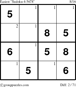 The grouppuzzles.com Easiest Sudoku-4-5678 puzzle for  with the first 2 steps marked