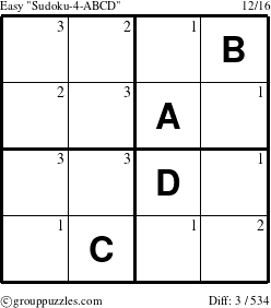 The grouppuzzles.com Easy Sudoku-4-ABCD puzzle for  with the first 3 steps marked