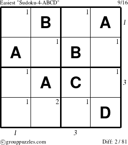The grouppuzzles.com Easiest Sudoku-4-ABCD puzzle for  with all 2 steps marked