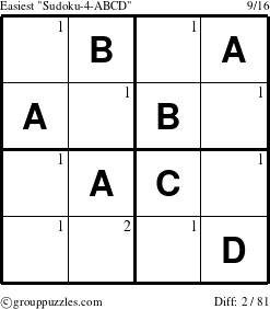The grouppuzzles.com Easiest Sudoku-4-ABCD puzzle for  with the first 2 steps marked
