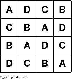 The grouppuzzles.com Answer grid for the Sudoku-4-ABCD puzzle for 