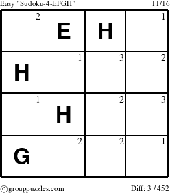 The grouppuzzles.com Easy Sudoku-4-EFGH puzzle for  with the first 3 steps marked