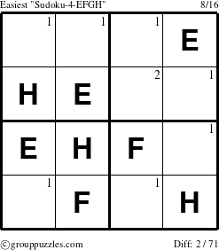The grouppuzzles.com Easiest Sudoku-4-EFGH puzzle for  with the first 2 steps marked