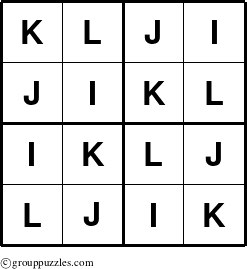 The grouppuzzles.com Answer grid for the Sudoku-4-IJKL puzzle for 
