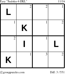 The grouppuzzles.com Easy Sudoku-4-IJKL puzzle for  with the first 3 steps marked
