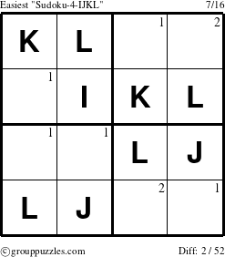 The grouppuzzles.com Easiest Sudoku-4-IJKL puzzle for  with the first 2 steps marked