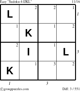 The grouppuzzles.com Easy Sudoku-4-IJKL puzzle for  with all 3 steps marked