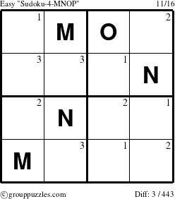 The grouppuzzles.com Easy Sudoku-4-MNOP puzzle for  with the first 3 steps marked