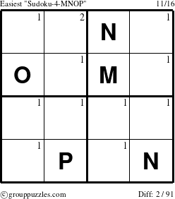 The grouppuzzles.com Easiest Sudoku-4-MNOP puzzle for  with the first 2 steps marked