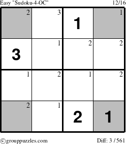 The grouppuzzles.com Easy Sudoku-4-OC puzzle for  with the first 3 steps marked