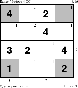 The grouppuzzles.com Easiest Sudoku-4-OC puzzle for  with all 2 steps marked