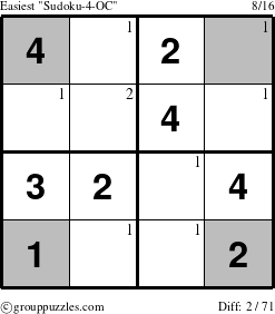 The grouppuzzles.com Easiest Sudoku-4-OC puzzle for  with the first 2 steps marked