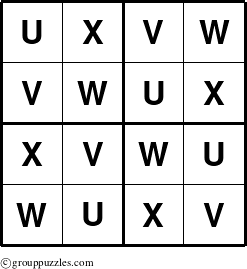 The grouppuzzles.com Answer grid for the Sudoku-4-UVWX puzzle for 