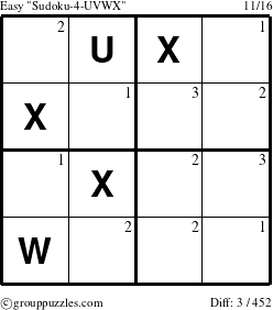 The grouppuzzles.com Easy Sudoku-4-UVWX puzzle for  with the first 3 steps marked