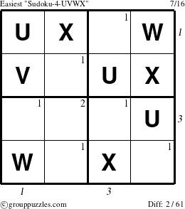 The grouppuzzles.com Easiest Sudoku-4-UVWX puzzle for  with all 2 steps marked