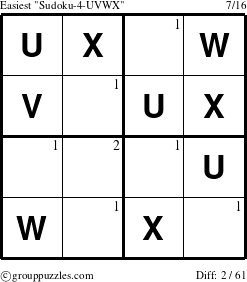 The grouppuzzles.com Easiest Sudoku-4-UVWX puzzle for  with the first 2 steps marked